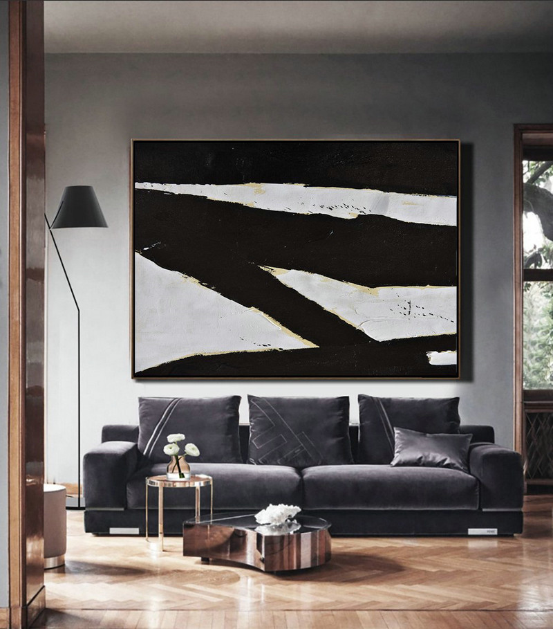 Original Abstract Painting Canvas Art,Horizontal Palette Knife Minimal Canvas Art Painting Black White Beige - Extra Large Canvas Art,Handmade Acrylic Painting